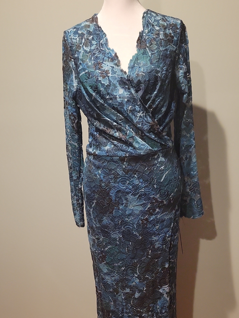 MARINA Blue Floral Lace Wrap-Style Long Sleeve Dress